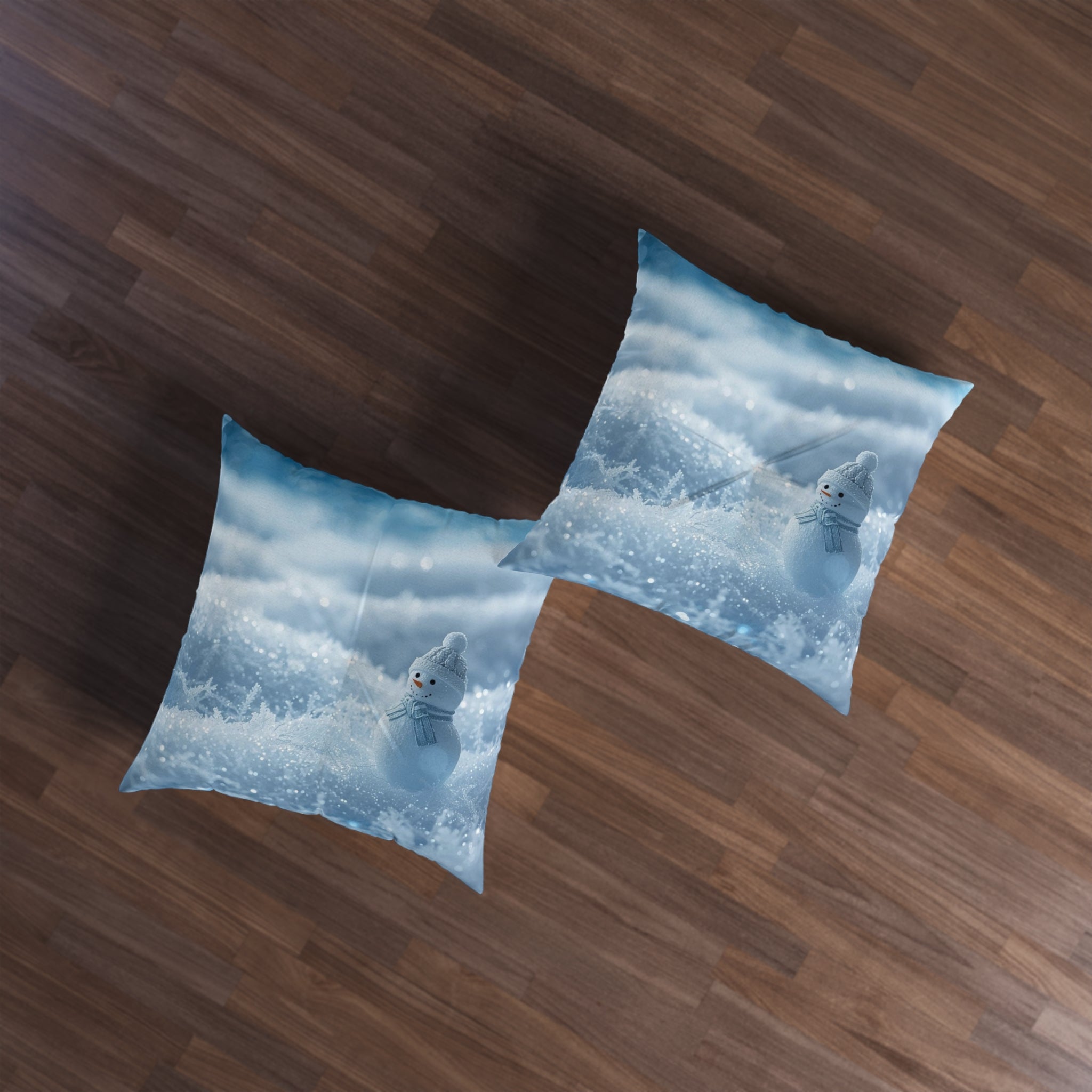 Snowy Scene Floor Pillow — Winter Snowman Square Tufted Cushion