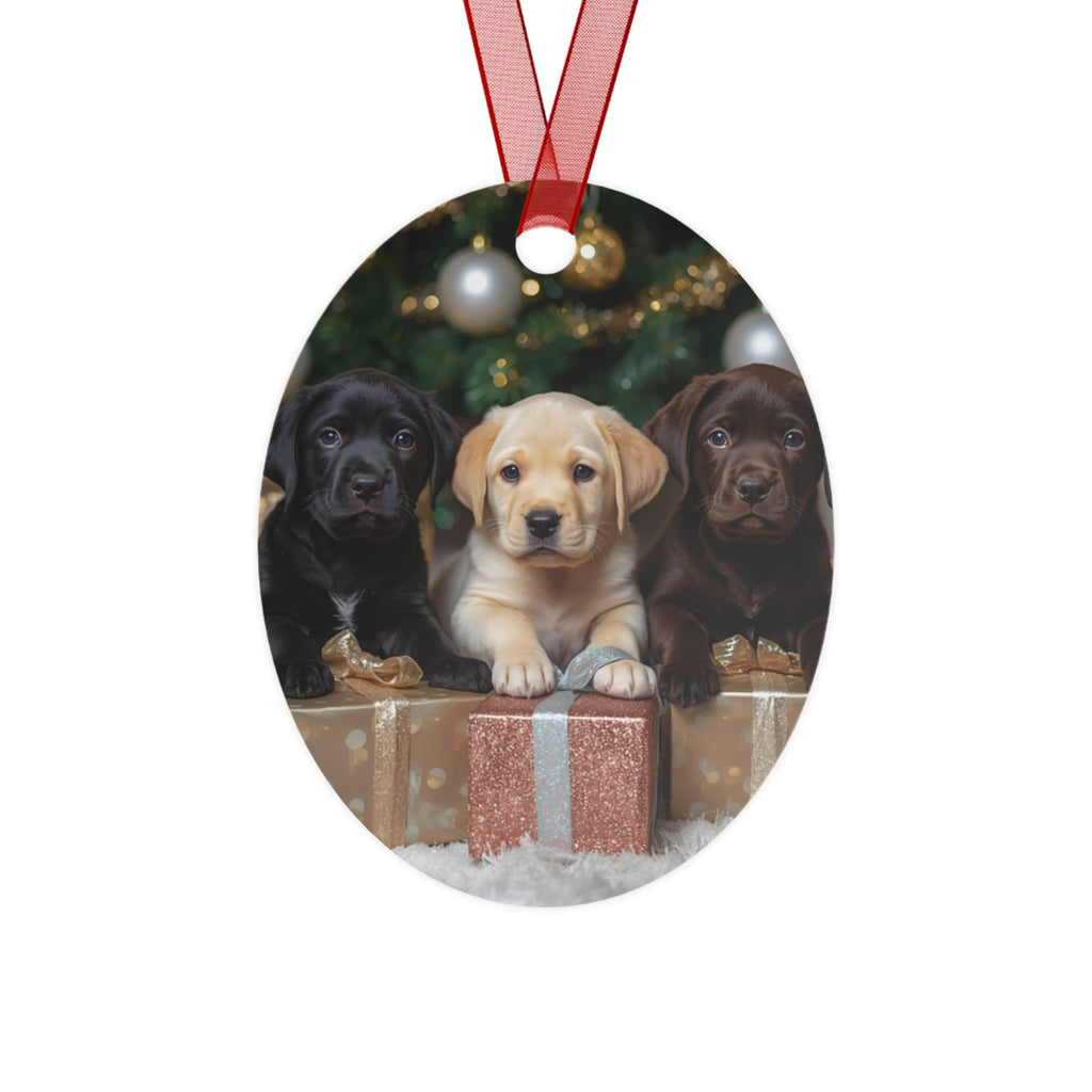 Christmas Puppy Metal Ornament — Labrador Retriever Trio Holiday Decoration