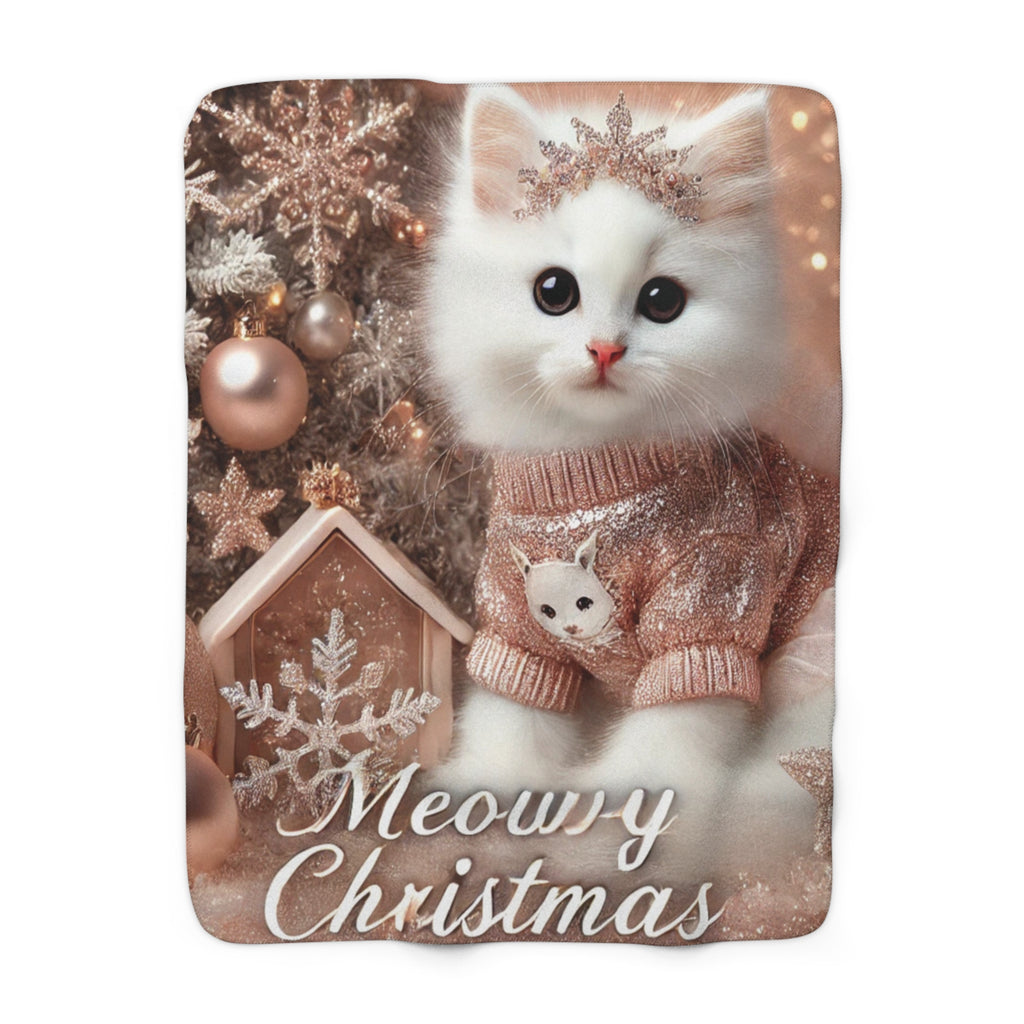 Sherpa Blanket - Christmas White Kitty Cat Rose Gold Sparkle