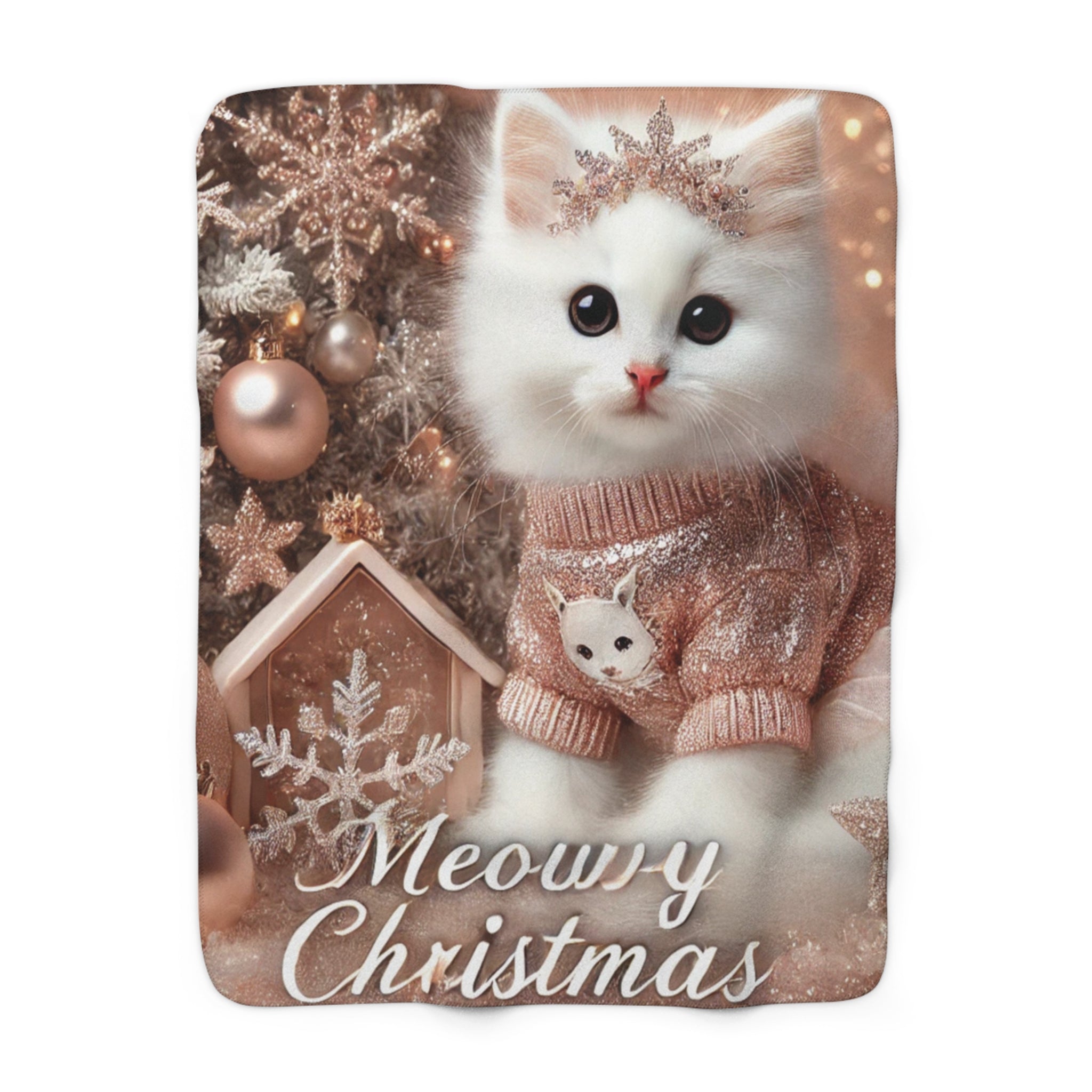 Sherpa Blanket - Christmas White Kitty Cat Rose Gold Sparkle