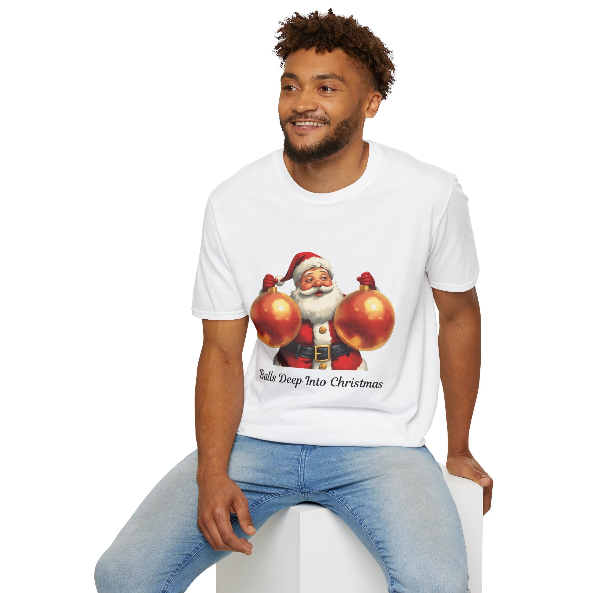 Adult Themed Ornaments Santa T-Shirt – ‘Balls Deep Into Christmas’ Christmas Attire