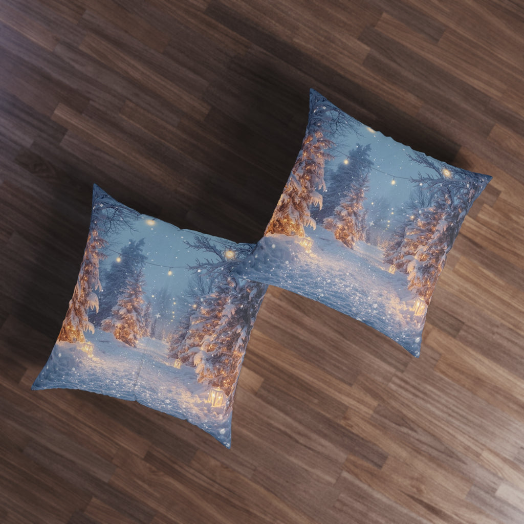 Winter Forest Snow Scene Tufted Floor Pillow — Cozy Holiday Decorative Cushion