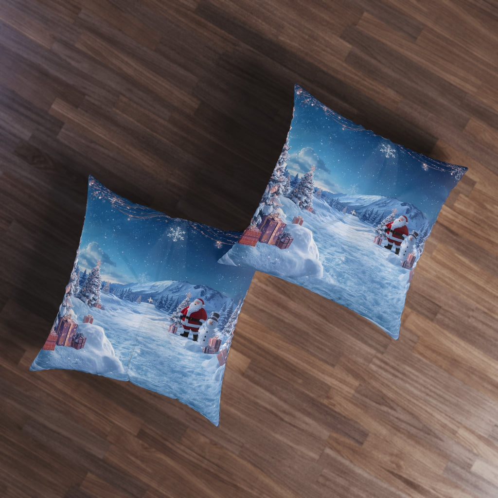 Christmas Winter Scene Floor Pillow — Santa & Snowy Mountain Holiday Decor