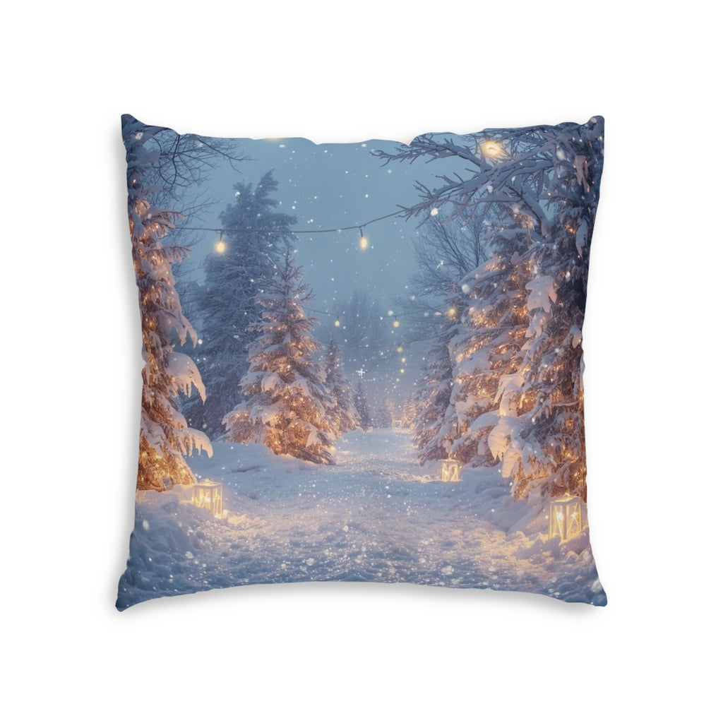 Winter Forest Snow Scene Tufted Floor Pillow — Cozy Holiday Decorative Cushion