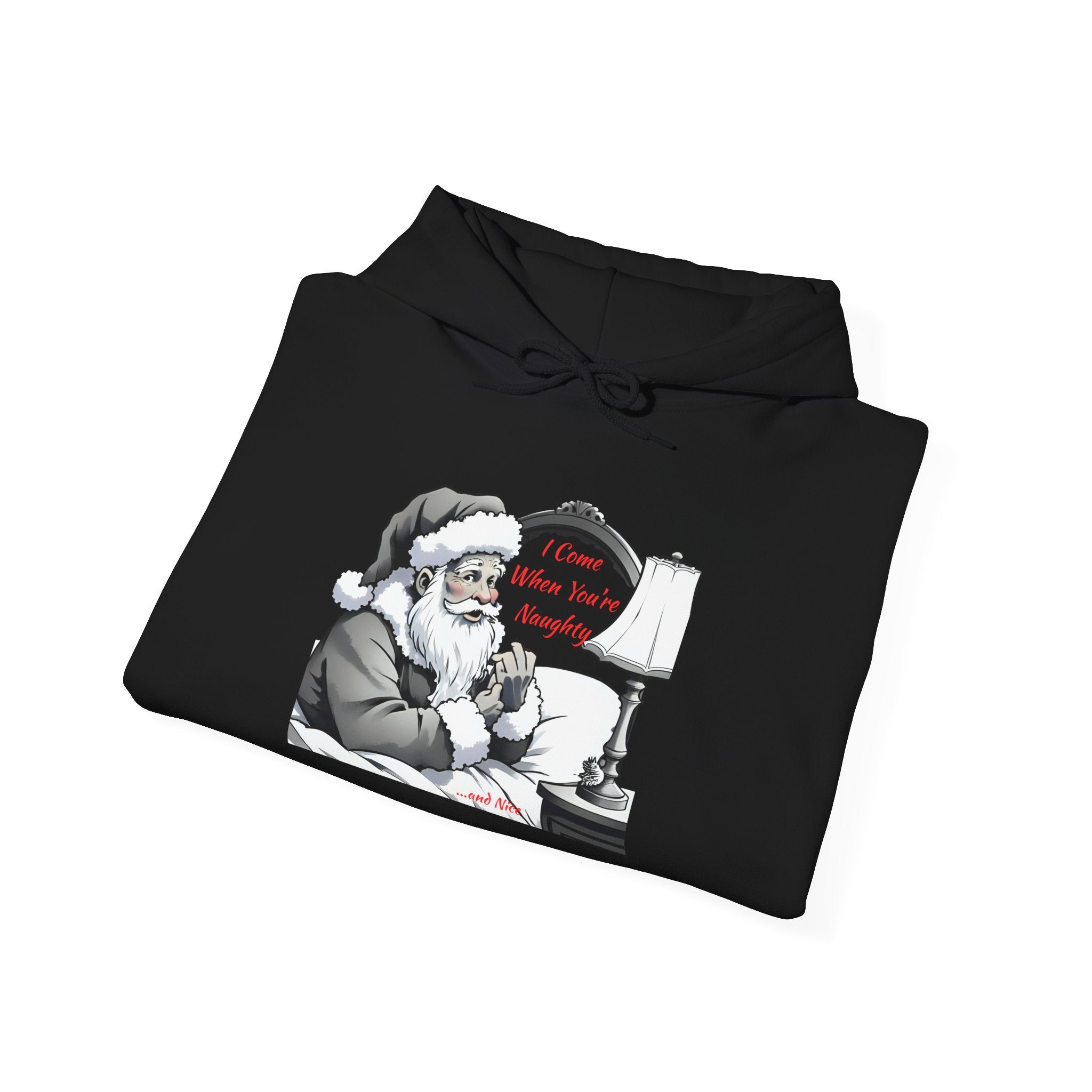 Adult Themed Santa In Bed Hoodie - 'I Come When You're Naughty' Christmas Attire
