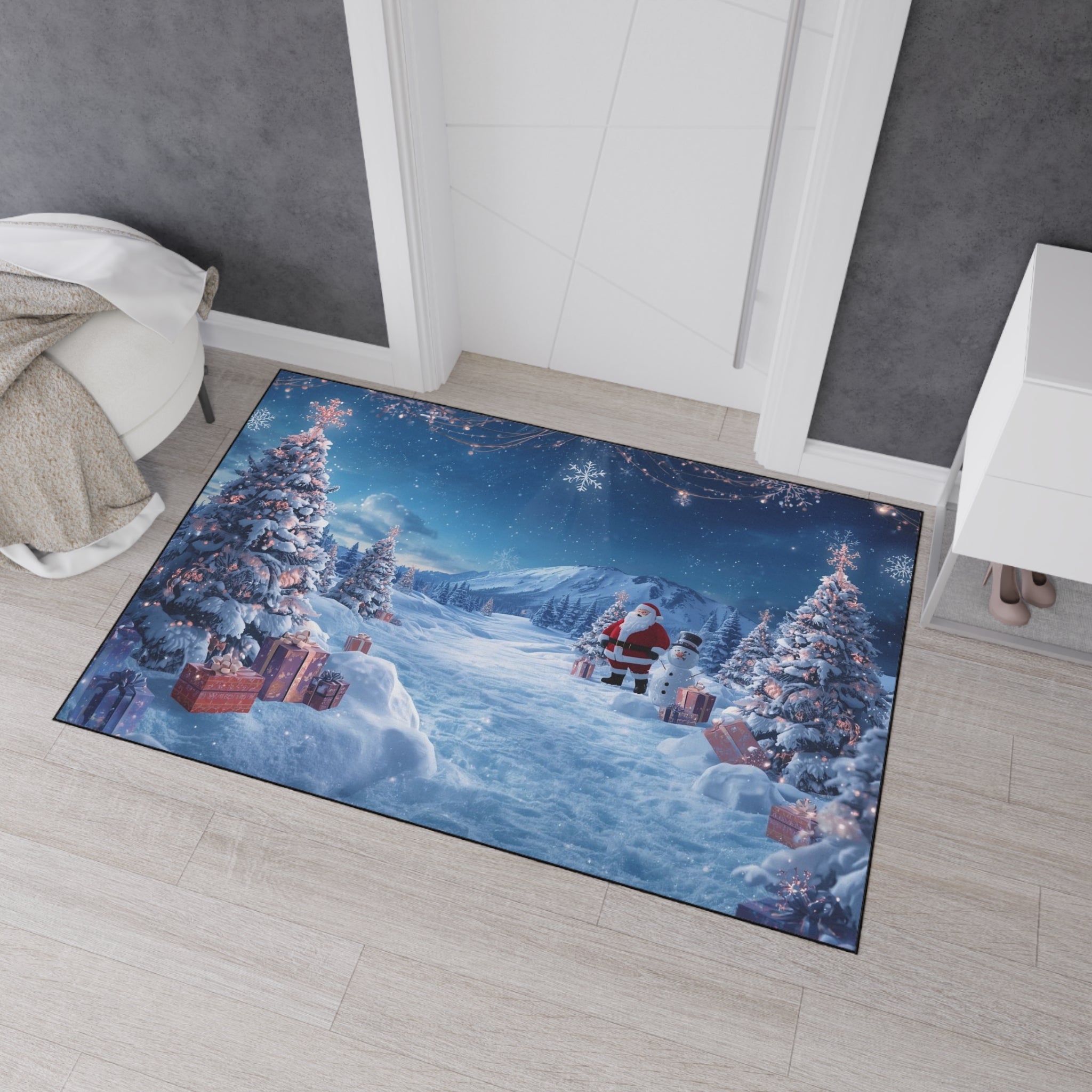 Christmas Snowy Scene Floor Mat — Santa & Pine Trees Holiday Doormat