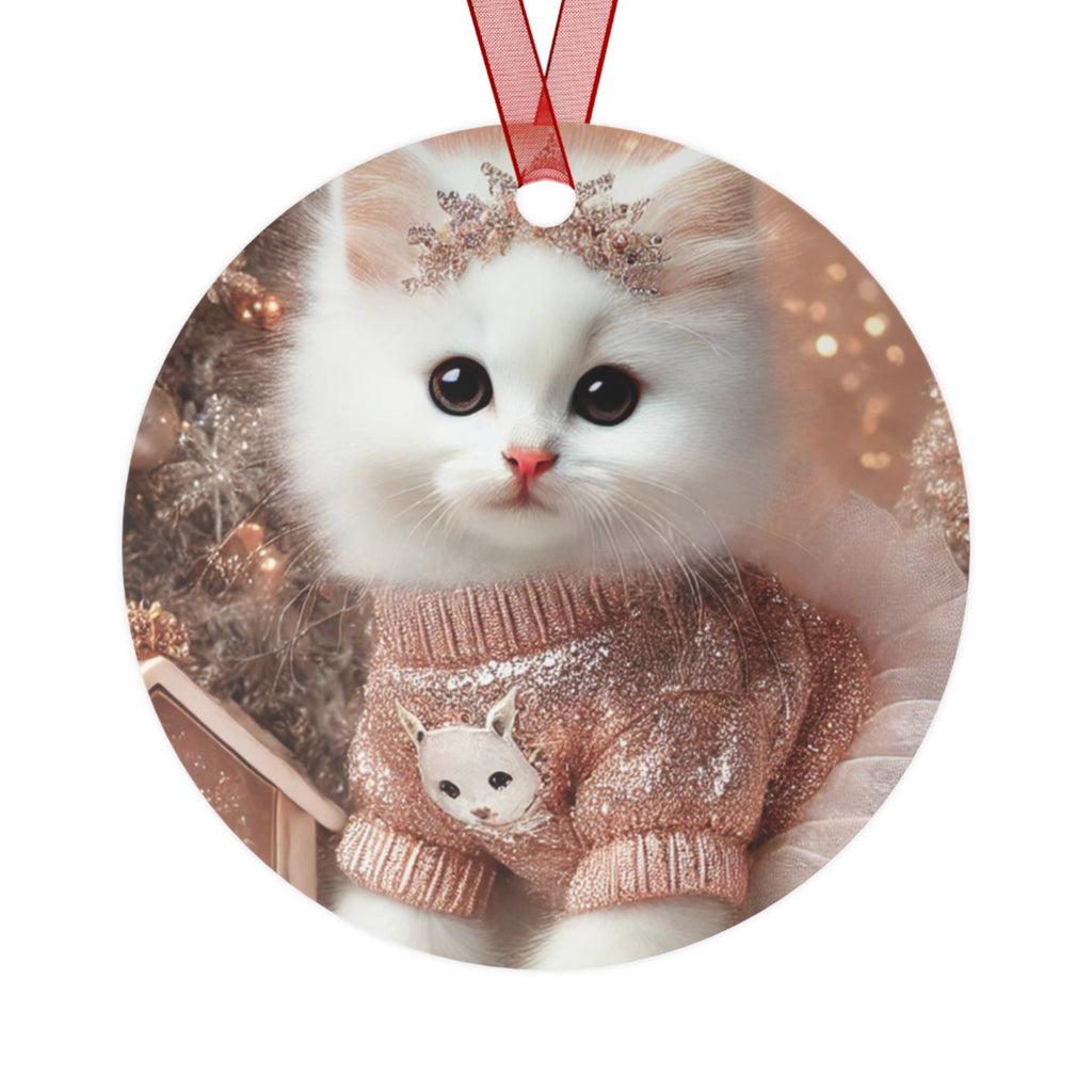 Cute White Kitten Metal Ornament — Christmas Cat in Cozy Sweater Holiday Decoration