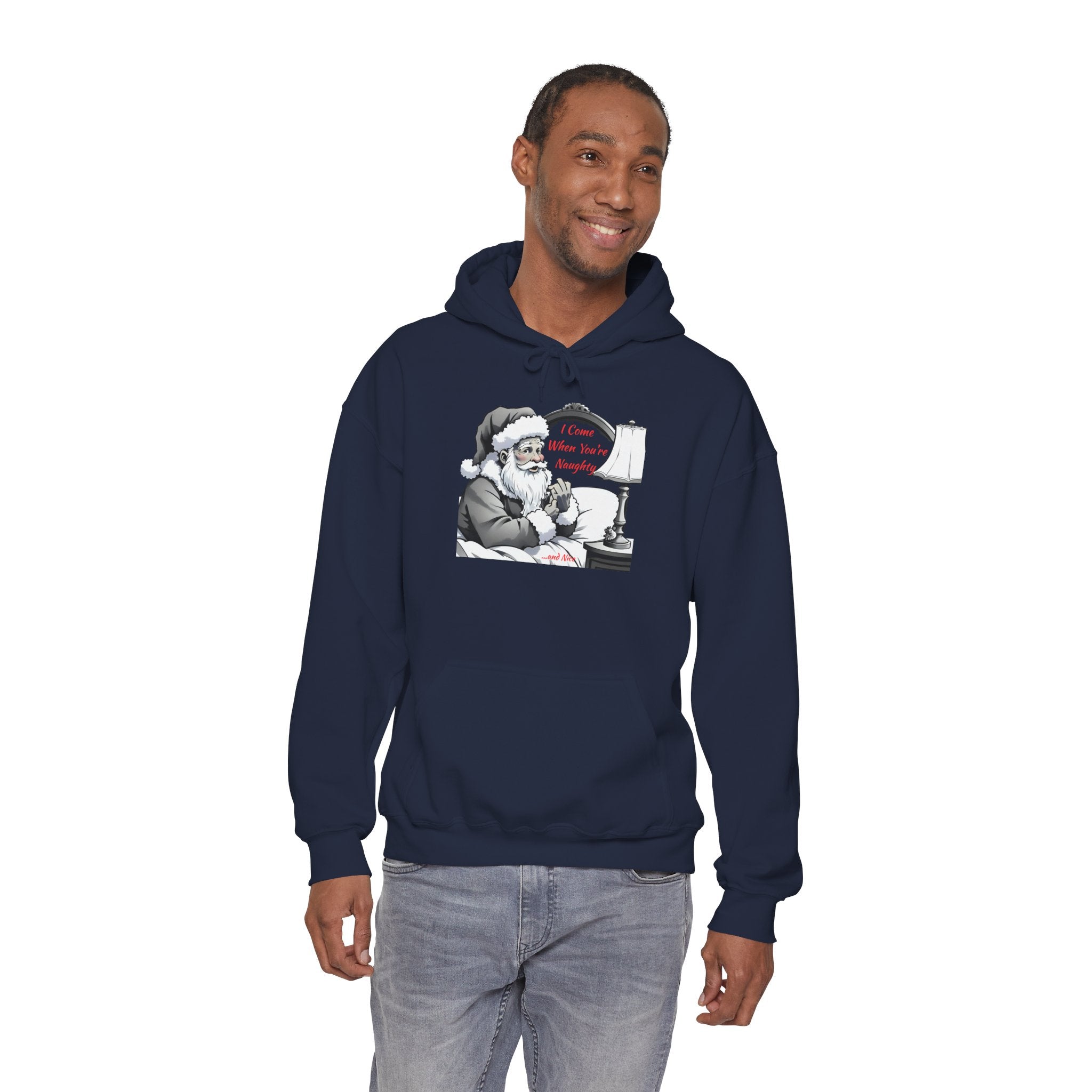 Adult Themed Santa In Bed Hoodie - 'I Come When You're Naughty' Christmas Attire