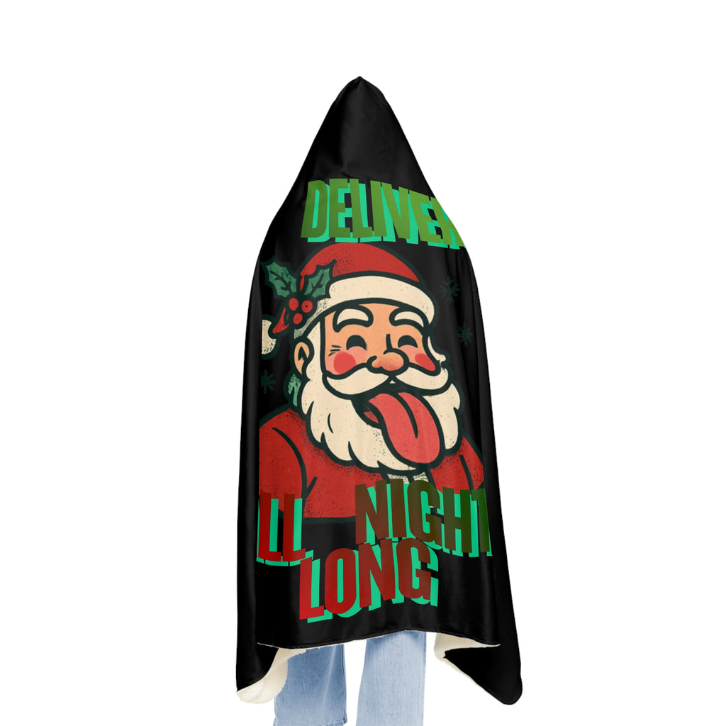 Black Snuggle Blanket — Funny “I Deliver All Night Long” Santa Hooded Blanket for Christmas Gag Gift