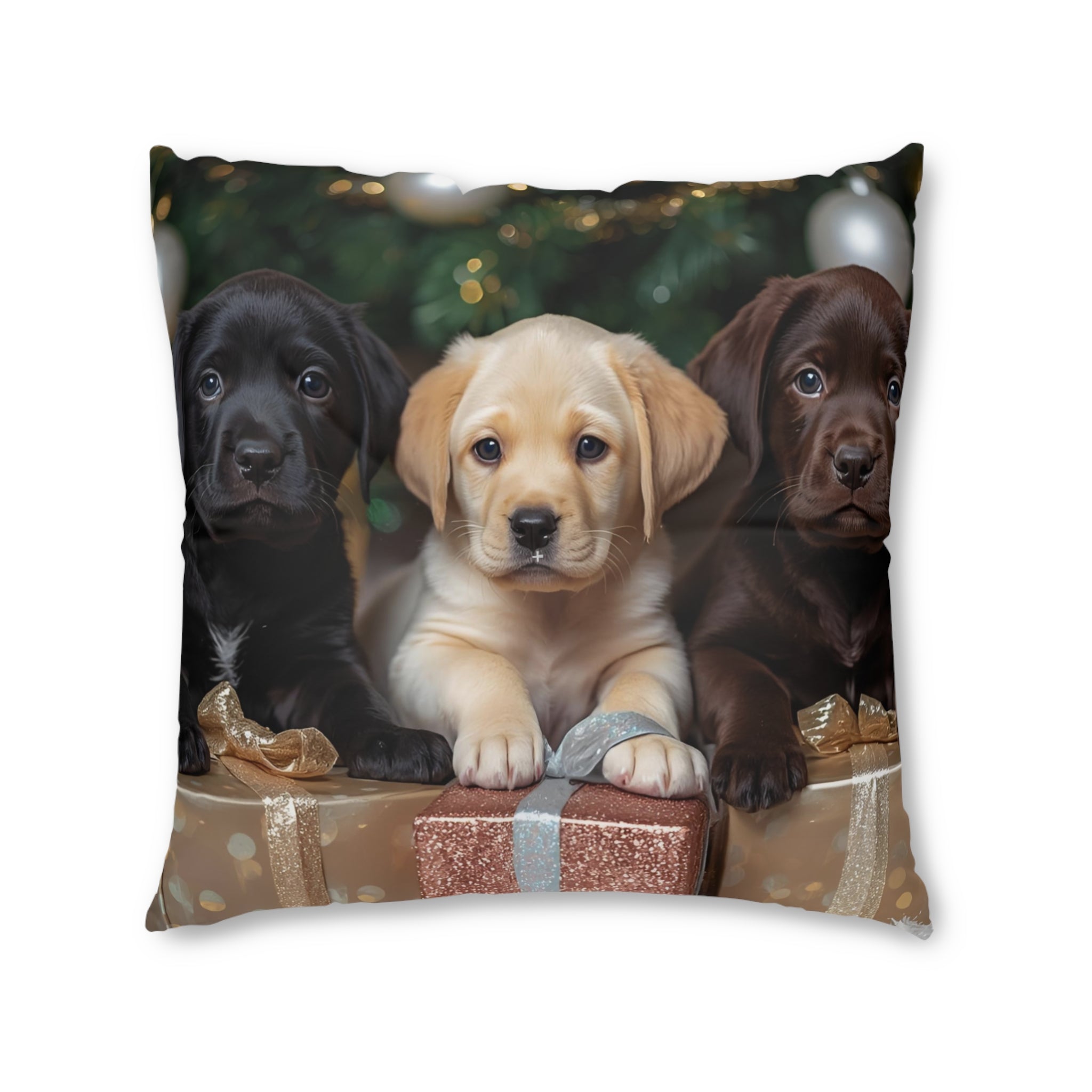 Puppy Trio Tufted Floor Pillow — Cute Labrador Puppies Holiday Decor
