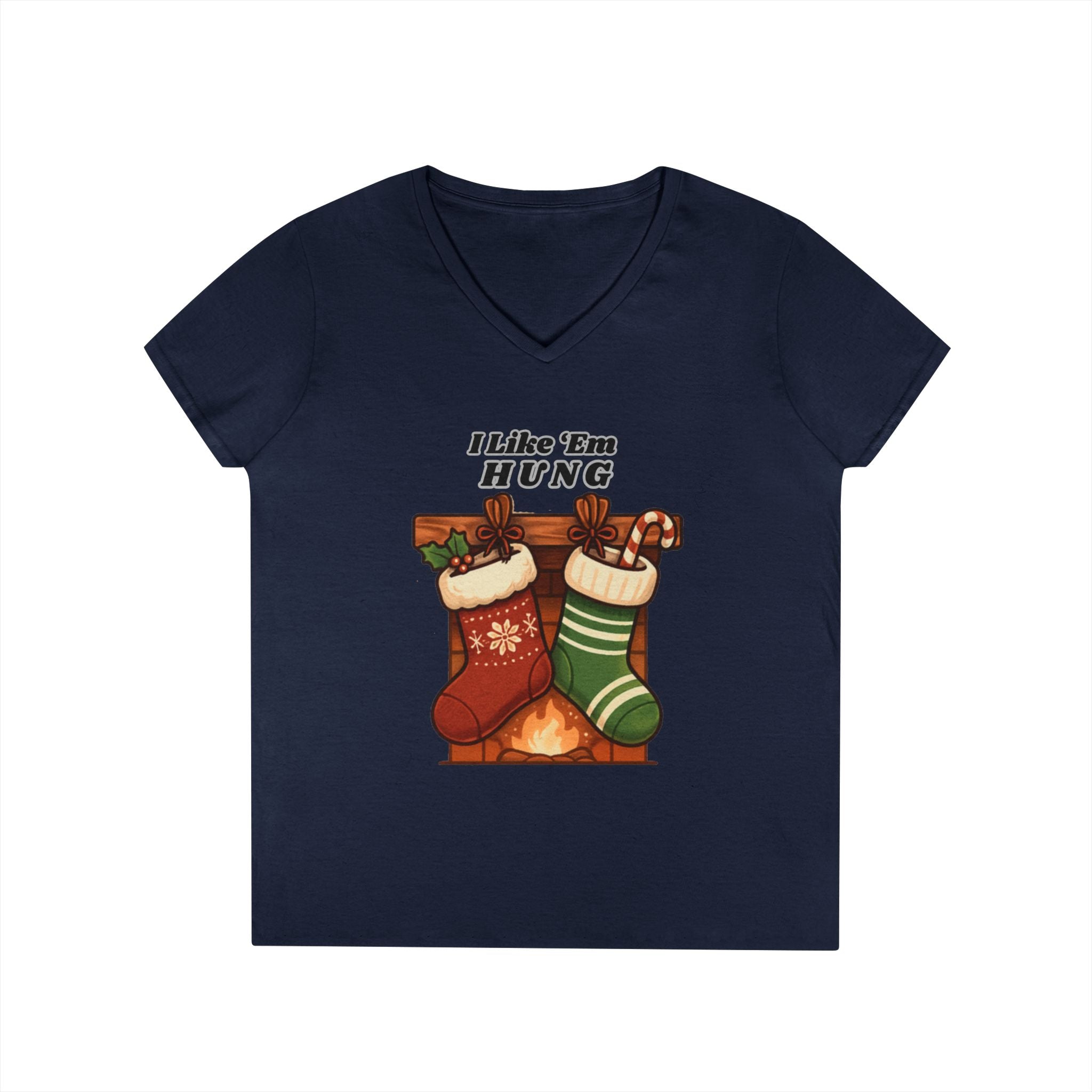 I Like 'Em Hung Christmas Stockings V-Neck T-Shirt | Holiday Stocking Design