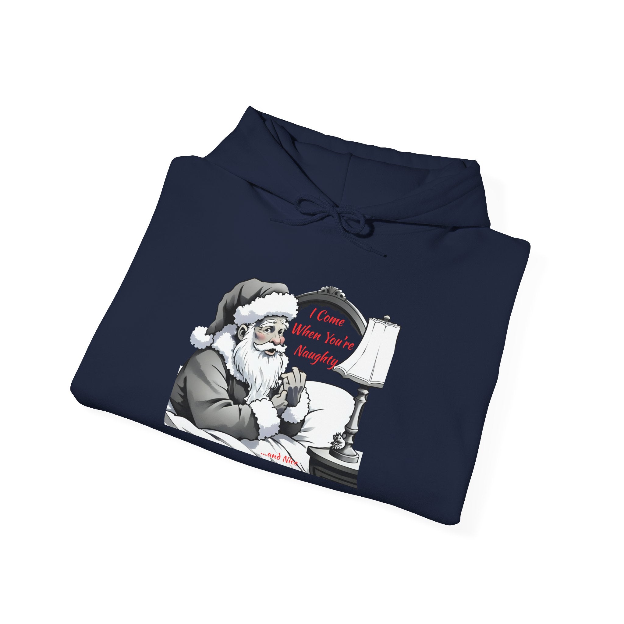 Adult Themed Santa In Bed Hoodie - 'I Come When You're Naughty' Christmas Attire