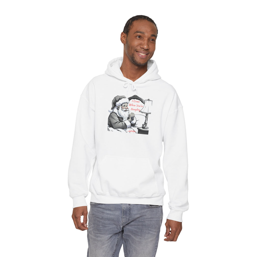 Adult Themed Santa In Bed Hoodie - 'I Come When You're Naughty' Christmas Attire