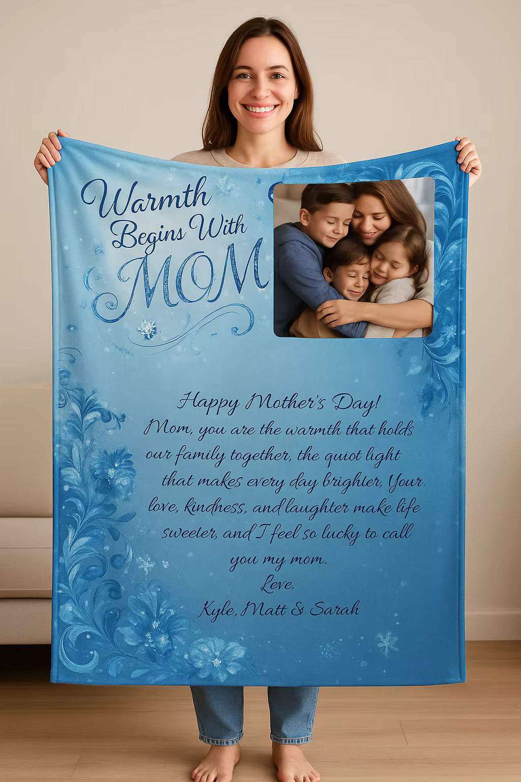 Mother's Day Velveteen Blanket — "Warmth Begins With Mom" Microfiber Throw