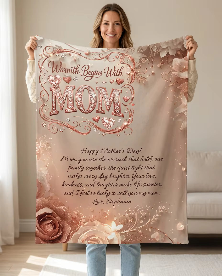 Mother's Day Microfiber Blanket — "Warmth Begins With MOM" Rose Gold Tribute