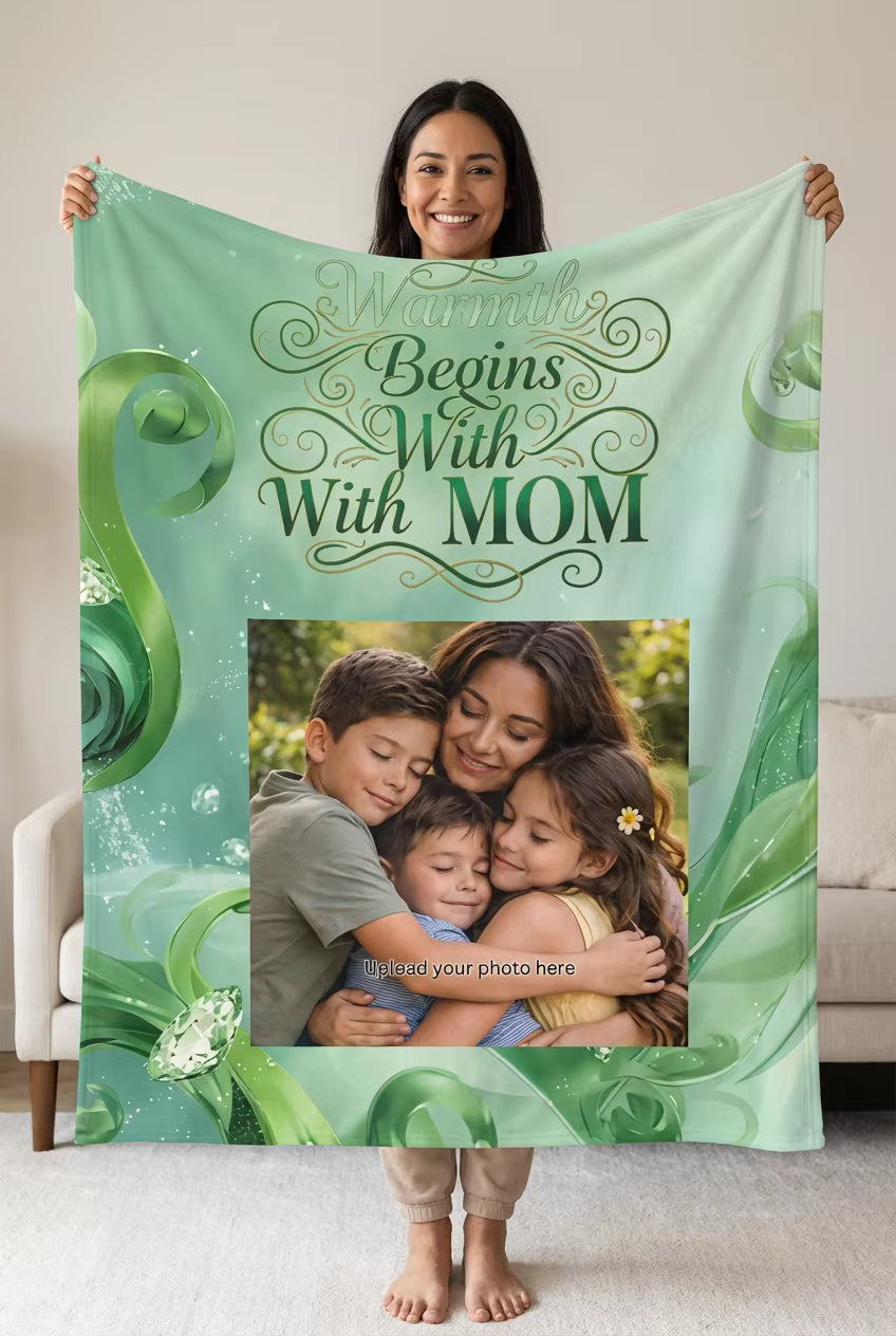 Personalized 'Warmth Begins With Mom' Photo Blanket — Custom Green Family Throw