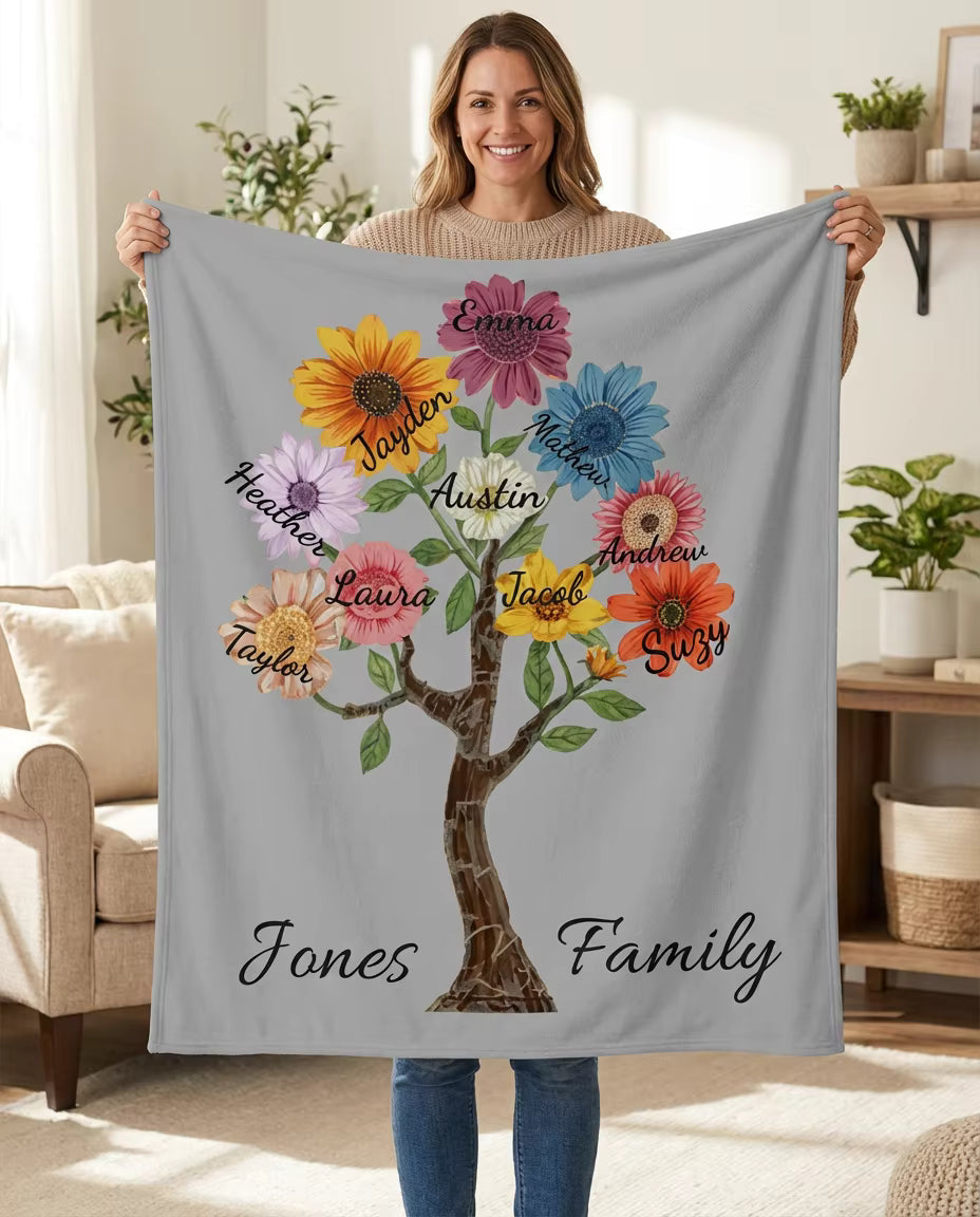 Personalized Family Tree Plush Blanket — Custom Names Floral Sunflower Design