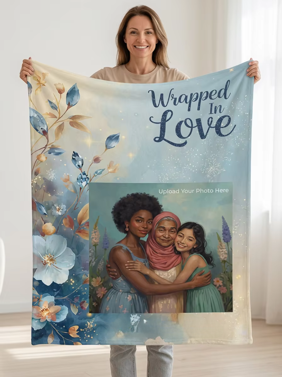 Personalized Mothers Day Photo Blanket for Mom - Custom Floral Blue Throw Gift